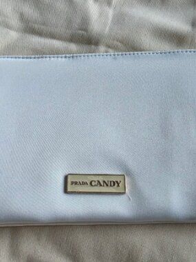 Prada Candy Parfums White Double Zip Cosmetic Makeup Pouch Bag Gold Logo Pouch